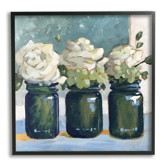 Stupell Industries White Roses Country Jars Painting Botanical & Floral Painting Black Framed Art Print Wall Art