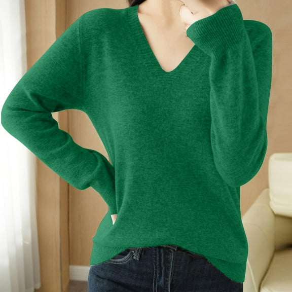 Women Fall Saving Women's Solid Color Knitted Sweater Long Sleeved V-Neck Fashionable Christmas Saving under 5