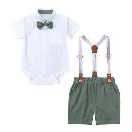 

Baby Boys Cotton Summer Gentlemen Outfits Short Sleeve Bowtie Romper Suspender Shorts Outfits Clothes Suit Set Size 0 Months-3 Years