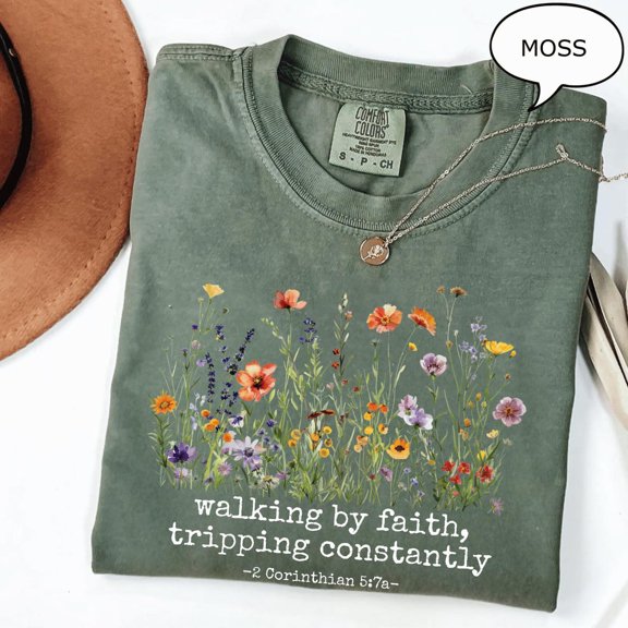 Walking By Faith Tripping Constantly Wildflower Christian Inspirational Religious Women T-Shirt