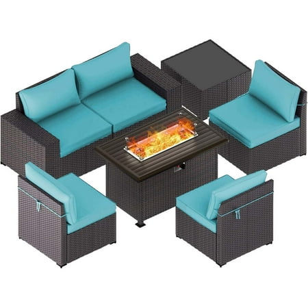 Gotland Outdoor Patio Furniture Set 7 Pieces Rattan Wicker Sectional Sofa with 43.3 Gas Fire Pit Table Blue