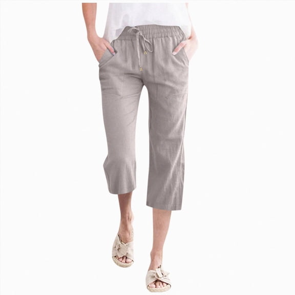 felwors Women's Linen Capri Pants, High Waist Drawstring with Pockets Grey for Size XL
