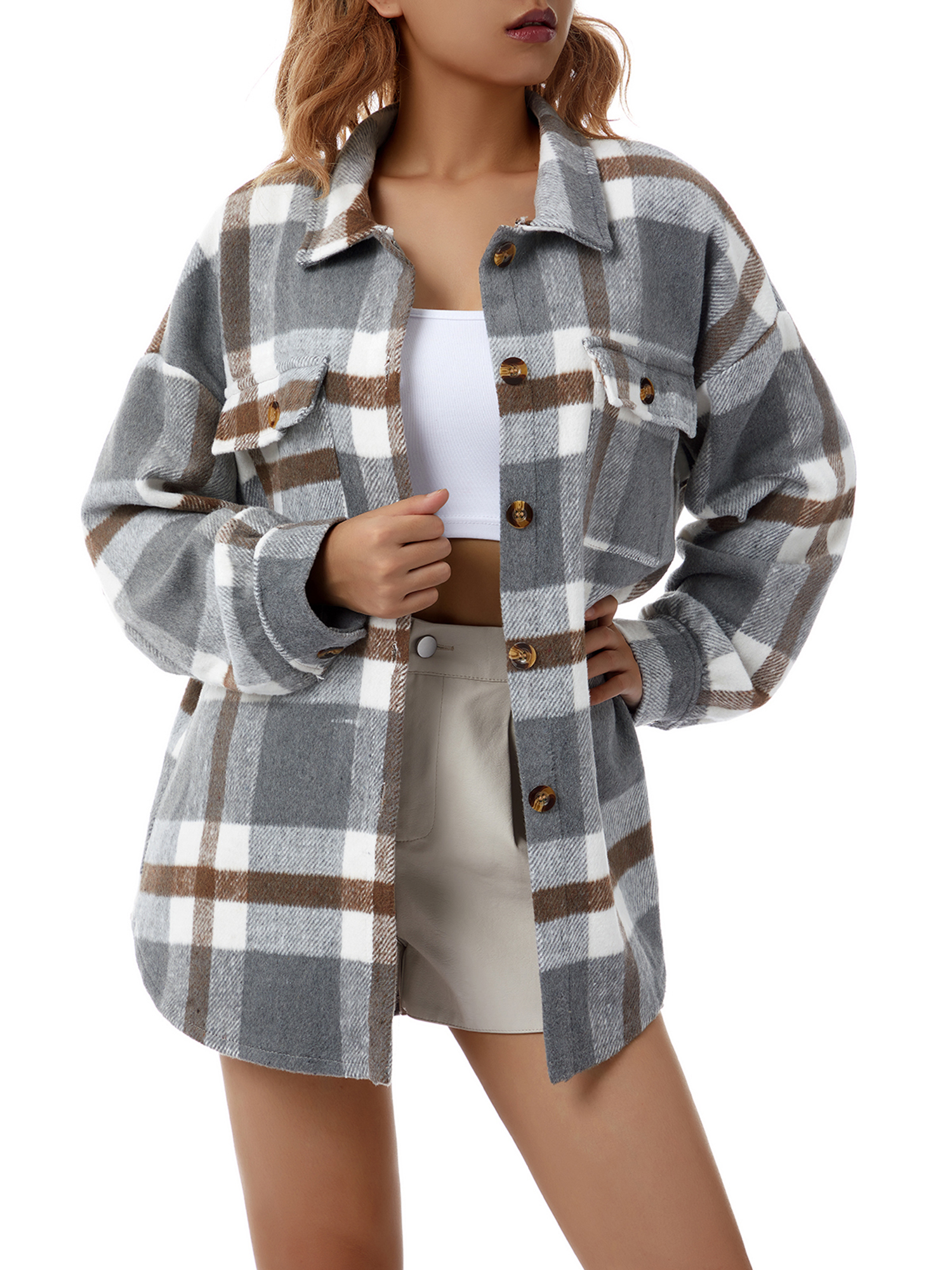 TOPGOD Women Plaid Jacket Long Sleeve Lapel Button Down Shackets with