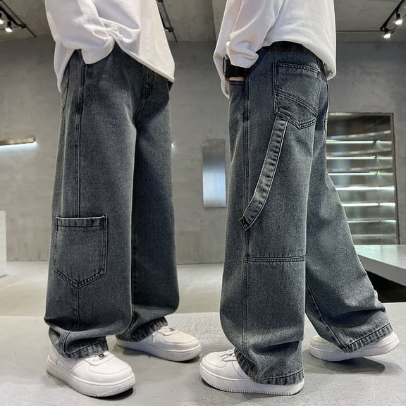 Letdown Kids' Wide Leg Denim Cargo Pants, Straight Leg Solid Color Jeans for Boys and Girls, Casual Youth Trousers (Black,4-5 Years)