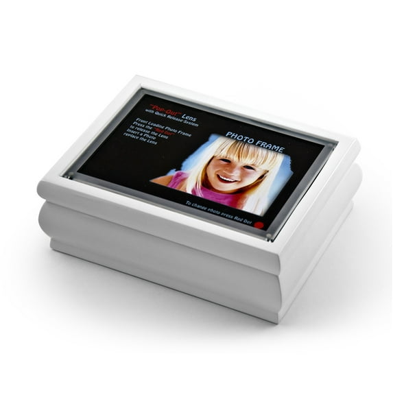 4" X 6" White Lacquer Photo Frame Music Box With New "Pop-Out" Lens System - Have Yourself A Merry Little Xmas