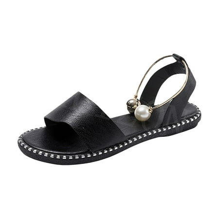 

Lyinloo Sandals Women Flat Slippers Open Toe Pearl Comfy Beach Roman Shoes Flip Flop Black 40