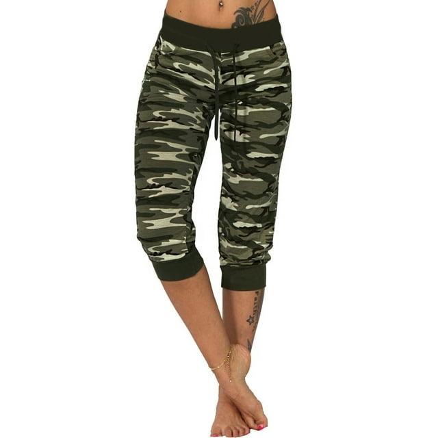 Innerwin Sport Trousers Drawstring Ladies Bottoms Running Elastic Waist Breathable Capri Pants Army Green L