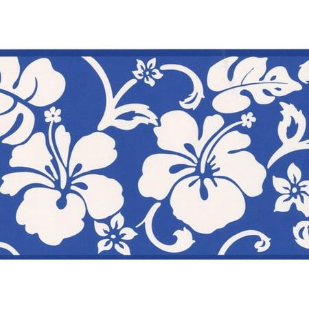 Abstract Floral Modern Wallpaper Border White on Blue Design, Roll 15' x