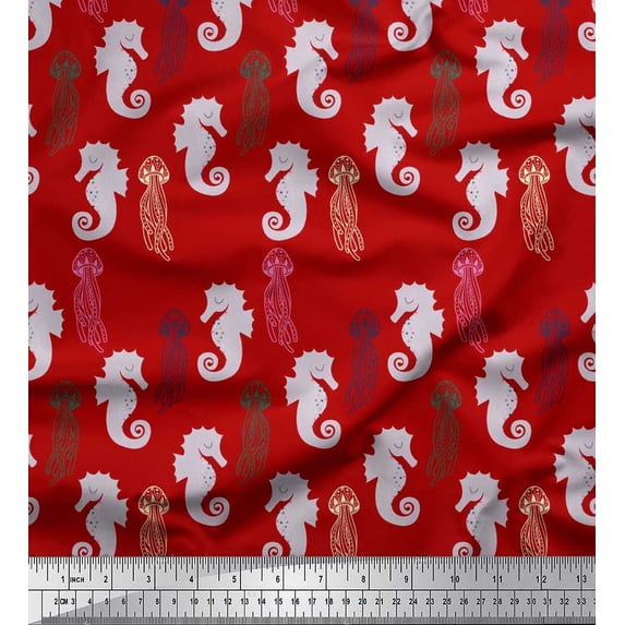 Soimoi Satin Silk Fabric Jellyfish & Seahorse Ocean Fabric Prints by Yard 42 Inch Wide