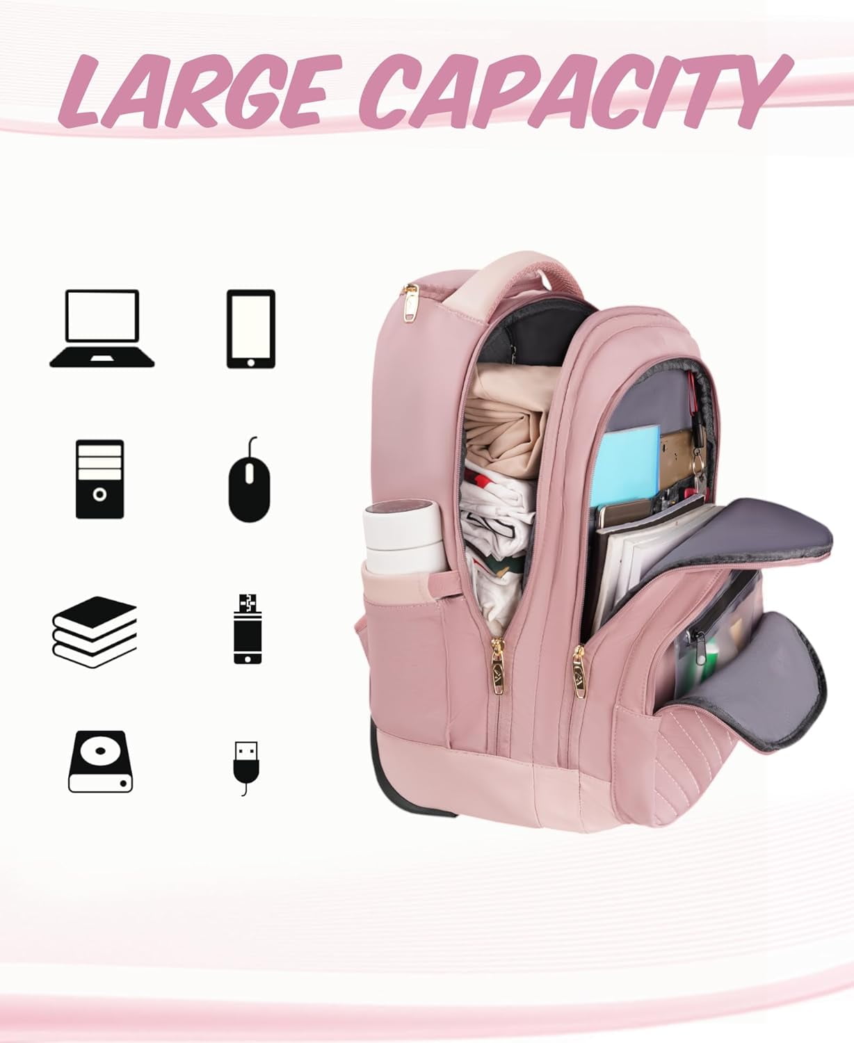 Matein Rolling Travel Backpack for Women, 17 inch Waterproof Carry on Luggage Bag with Wheels , Pink