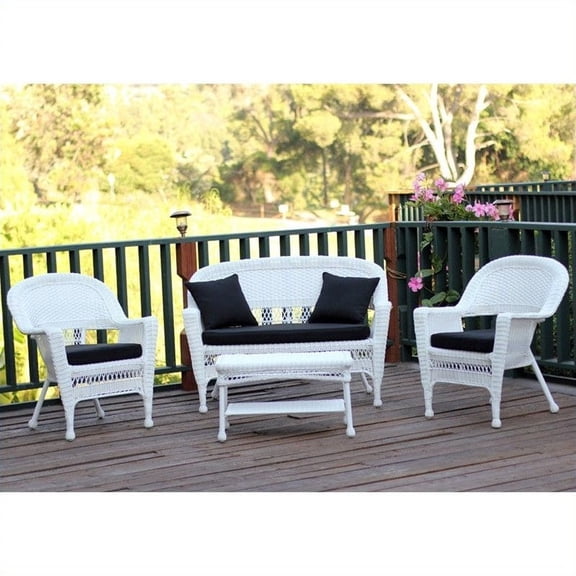 Jeco 4pc Wicker Conversation Set in White with Black Cushions