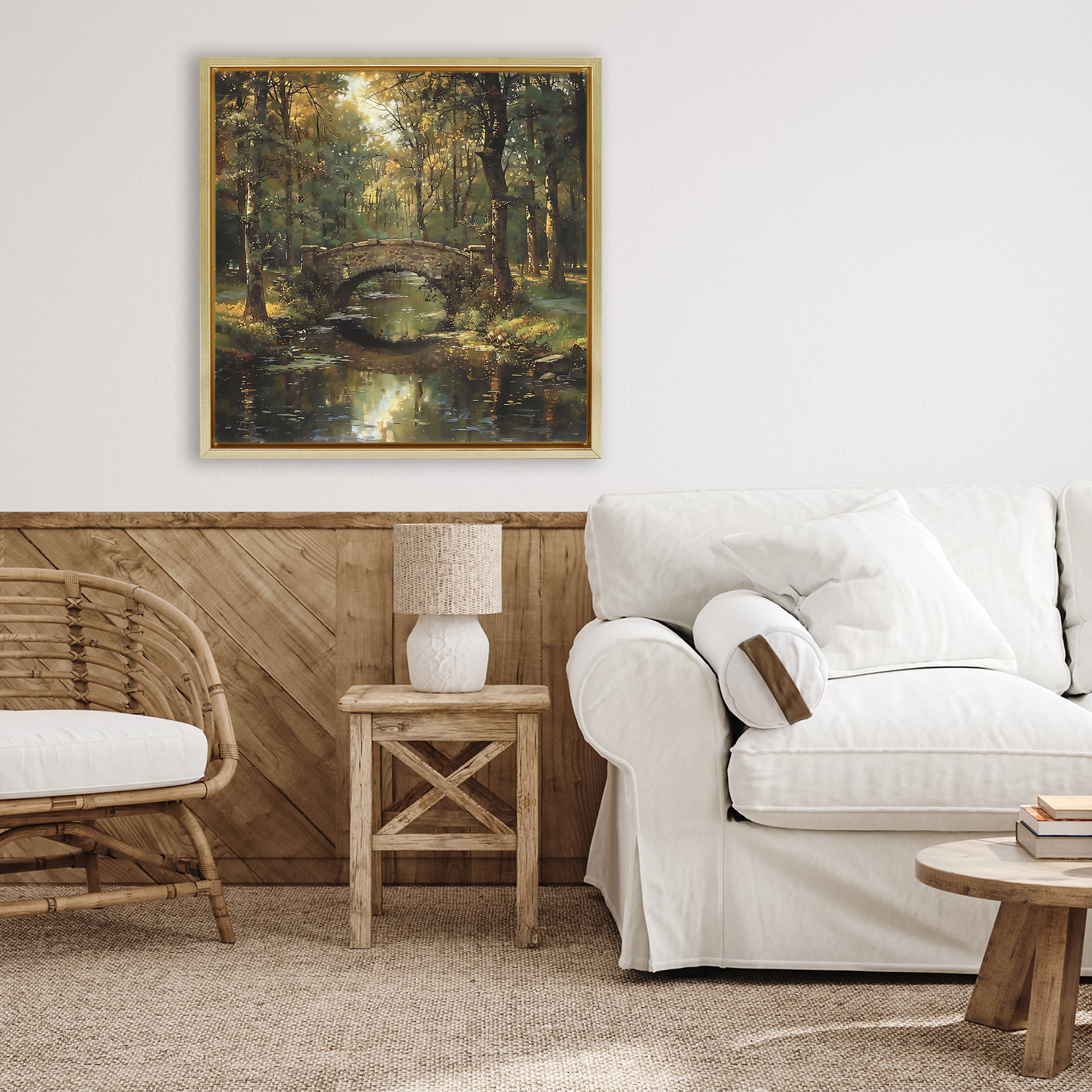 Stupell Industries Forest Bridge in Autumn Light Gold Framed Floater Canvas Wall Art, design by Creative Studio