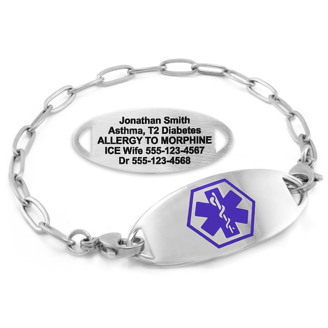 MedicEngraved Bracelet d'Alerte Médicale Personnalisé en Acier Inoxydable - Maillon Trombone 4 mm