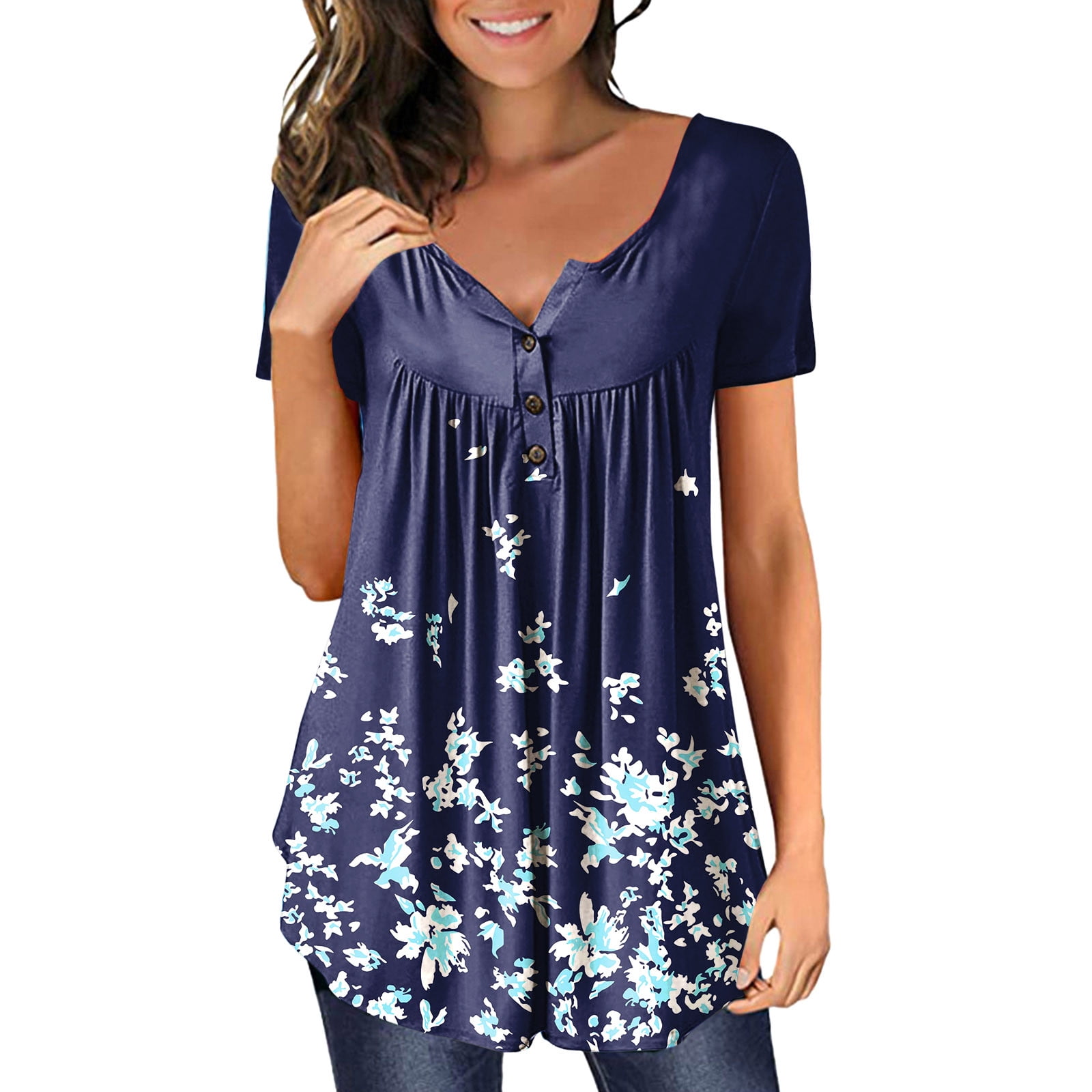 AMCLOS Womens Floral Tie-Dye Tops V Neck T-Shirts Button up Tunic Casual Flowy Pleats Tanks Long Sleeve Blouses 