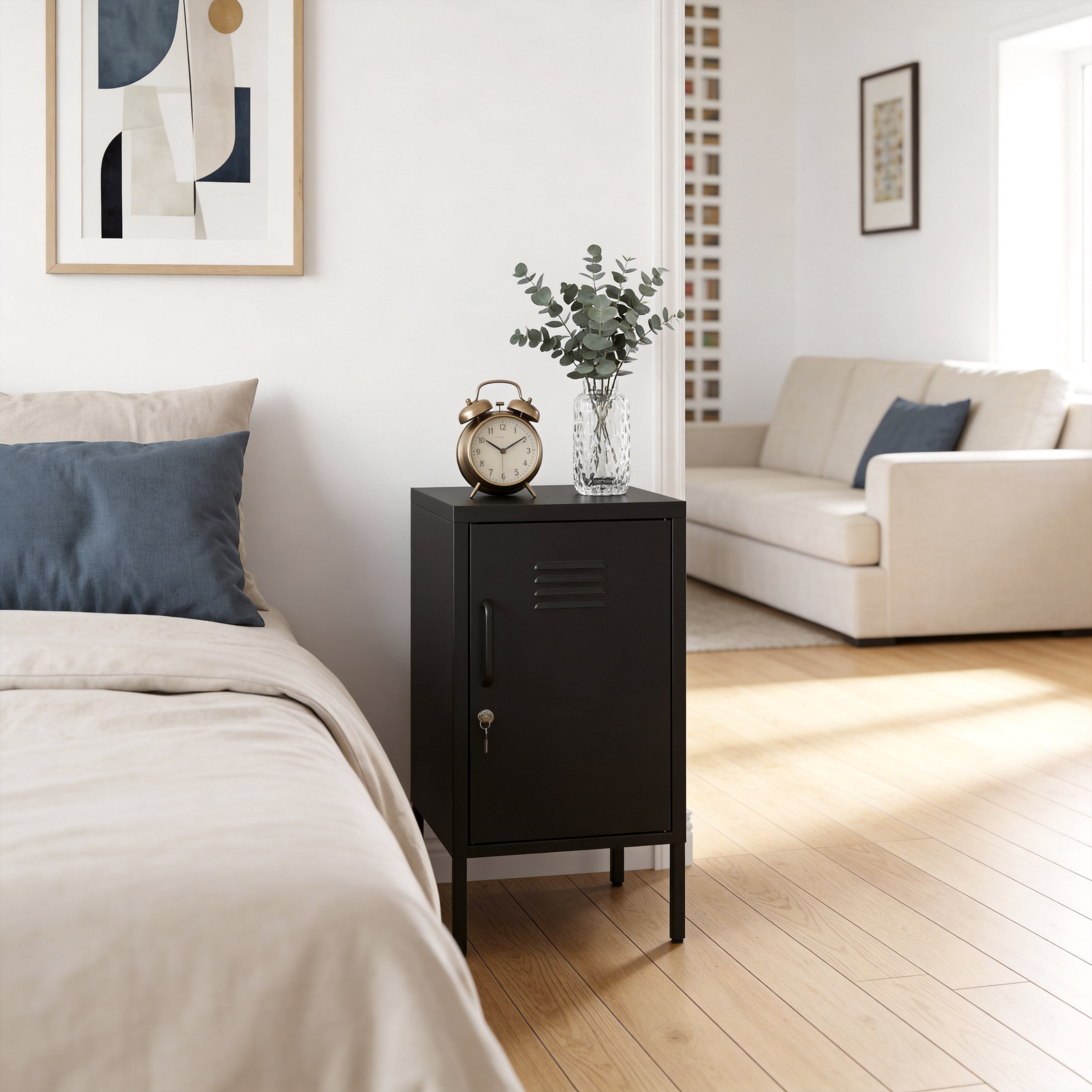 Leumius Small Metal Nightstand with Adjustable Shelf & Lockable Door,Modern Bedside Table End Table Side Cabinet for Bedroom,Living Room,Black