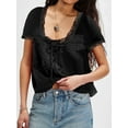 thumbnail image 5 of Women Tie Front Lace Trim Top Sheer Short Sleeve Scoop Neck Button Shirt Y2k Ruffle Flowy Boho Crop Tops Black S, 5 of 8