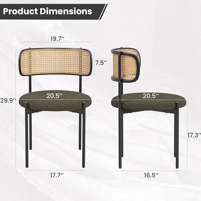 MAYEERTY 2-Pack Green Modern Upholstered Dining Chairs, Rattan Back, Metal Legs, Kitchen Accent