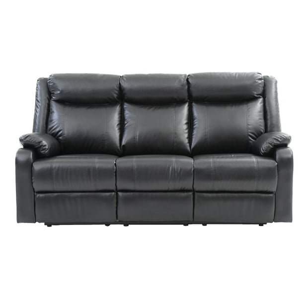 Passion Furniture Ward 76" Black Faux leather 3Seater Reclining Sofa