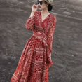 thumbnail image 3 of 2023 Otoño Nuevo Estilo de Moda para Mujer Vestido de Gasa Estampado de Una Pieza con Cuello en V Atado Falda Larga de Manga Larga con Flores Rojas, 3 of 5