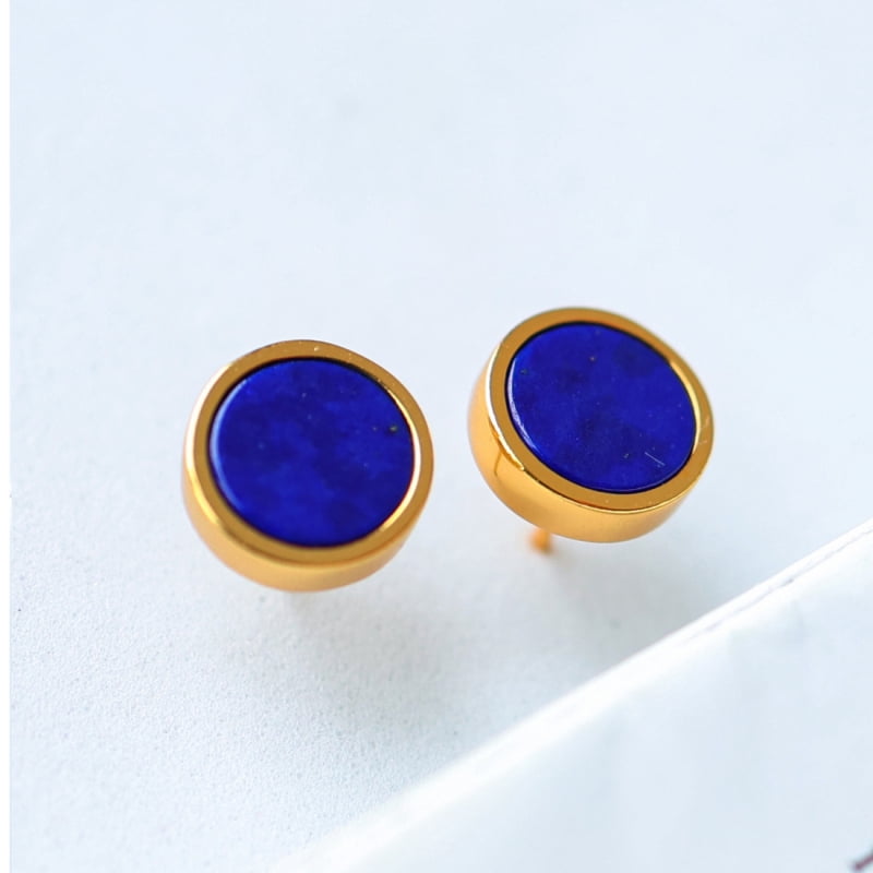 24K Gold Plated Lapis Lazuli Stud Earrings – Round Natural Blue Gemstone, Hypoallergenic Minimalist Geometric Jewelry for Women & Men with RTT Jewelry Box
