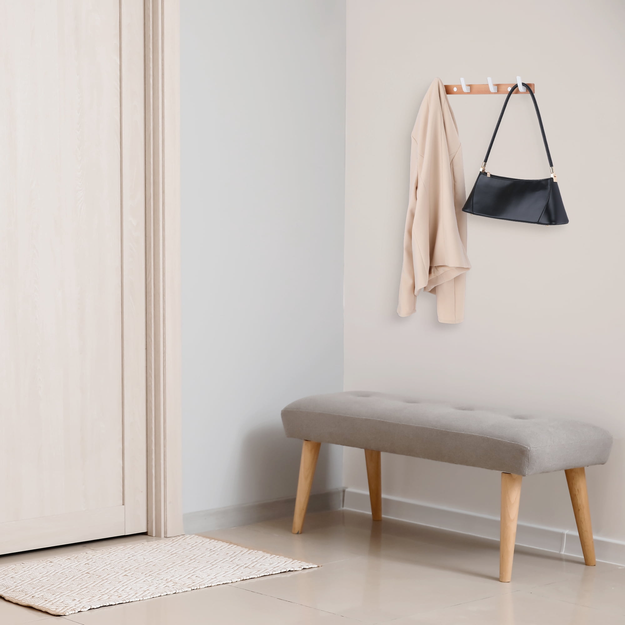 Unique Bargains Coat Rack Wall Mount Metal Wood Coat Hook for Hanging with 4 Hooks White