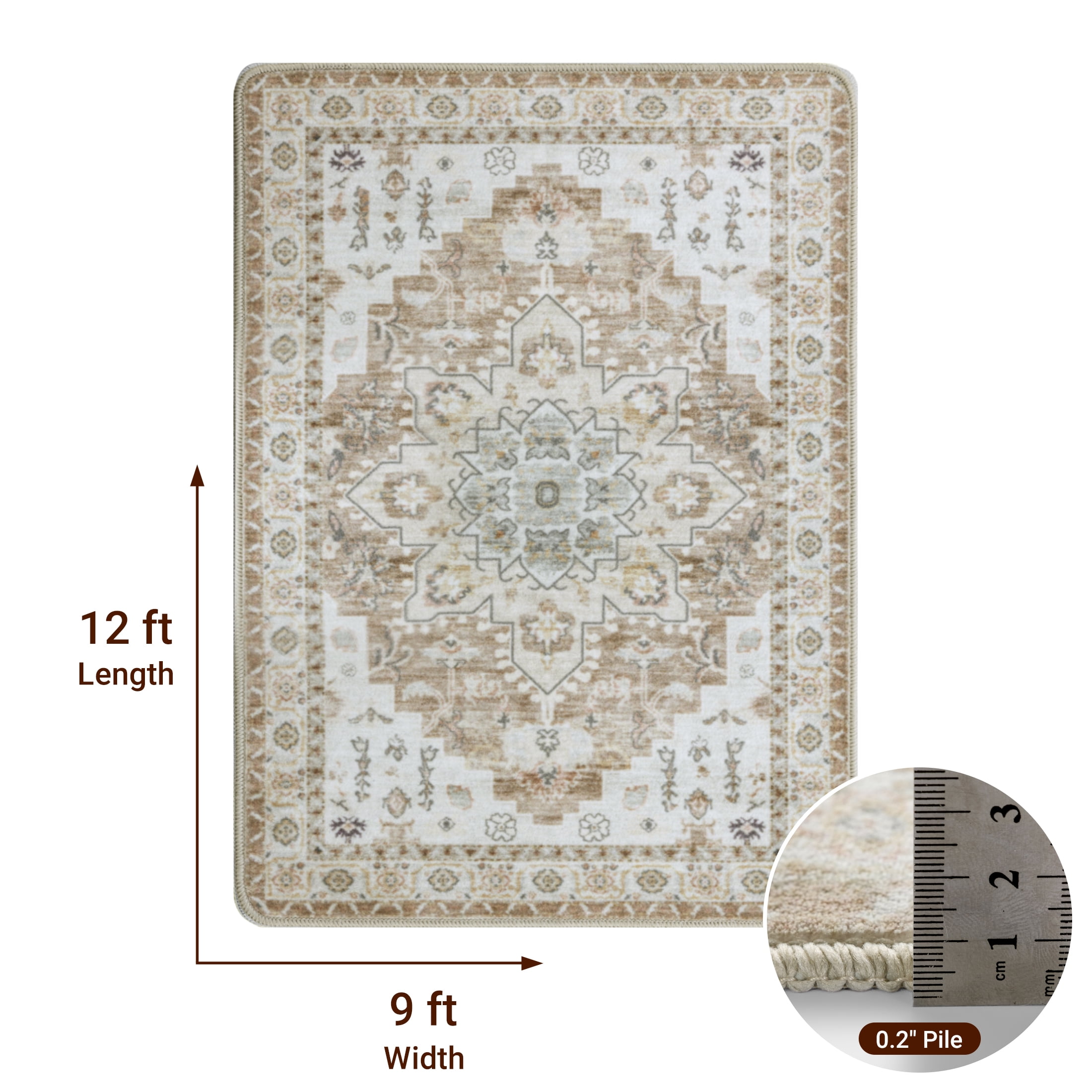 Sonoro Kate 9x12 Area Rugs for Living Room Bedroom, Non Slip Boho Machine Washable Indoor Floor Carpet, Cream