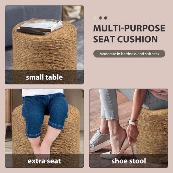 Ottoman Poof, Natural Seagrass Poufs, Hand Weave Round Footstool, Pouffe Accent Chair, Sitting Braided Footrest W/Jute Cover, Home Decorative Seat for Living Room