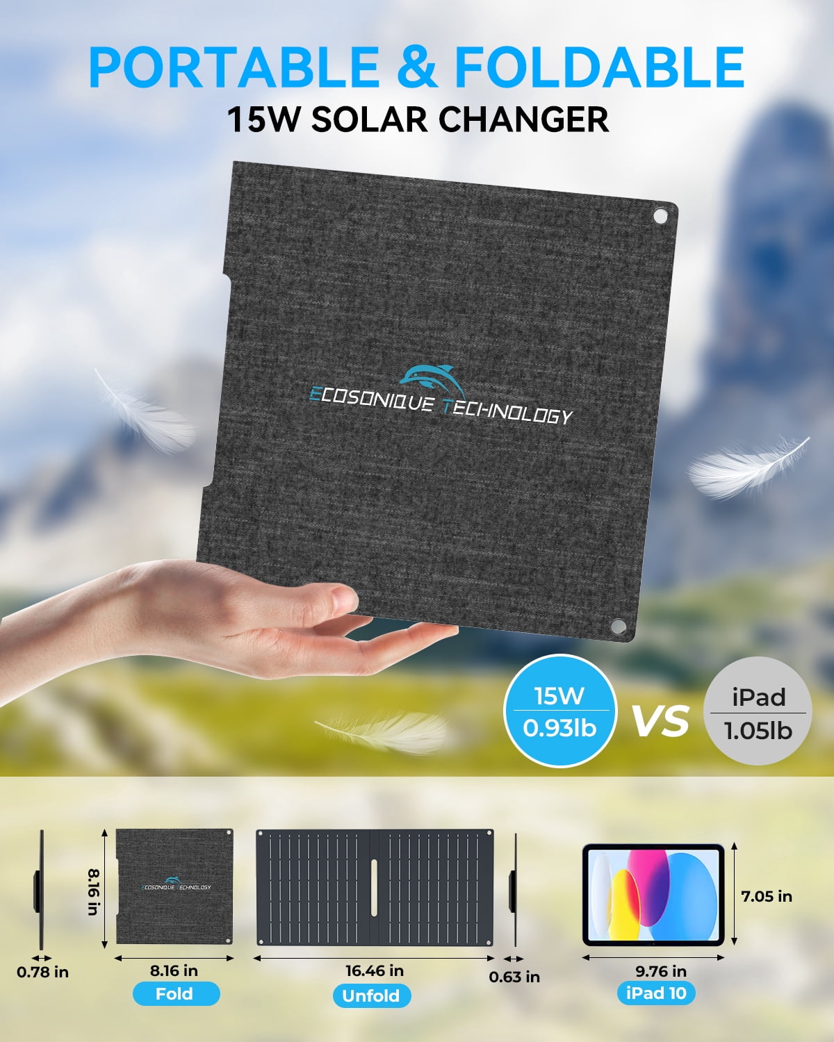 Ecosonique 15W Foldable Solar Charger Panel, Dual USB-A & USB-C Fast Charging, IP67 Waterproof ETFE, Ultra-Light Portable for Camping, Compatible with iPhone, Samsung, Google Pixel, LG