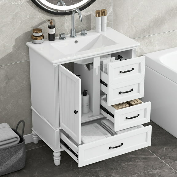 Harper & Bright Designs 30" Small Bathroom Vanity Sink Combo with Storage , Wood Bathroom Floor Cabinet with Drawers and Door, White