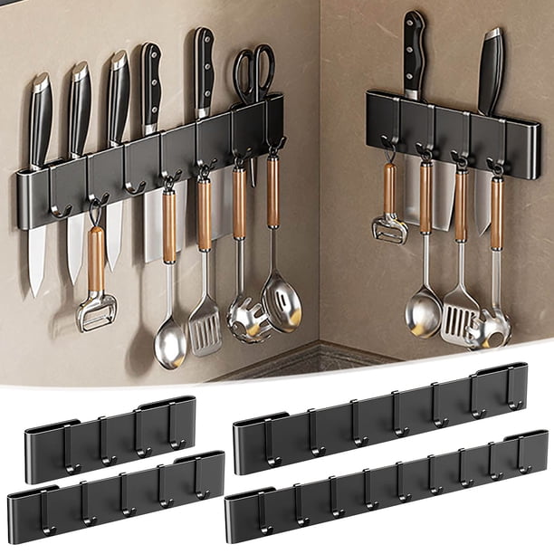 Soporte y organizador de cuchillos montados en la pared con ganchos para utensilios - Almacenamiento de cocina de acero al carbono elegante y que ahorra espacio