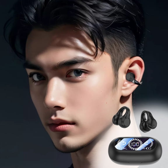 openpig Clip on Earbuds Open Ear Wireless Bluetooth 5.3, Smart Fingerprint, Open-Ear Sport Earphones, Stereo Sound Calling Music Earbuds, Built-In Mic, Over-Ear Buds with Earhooks