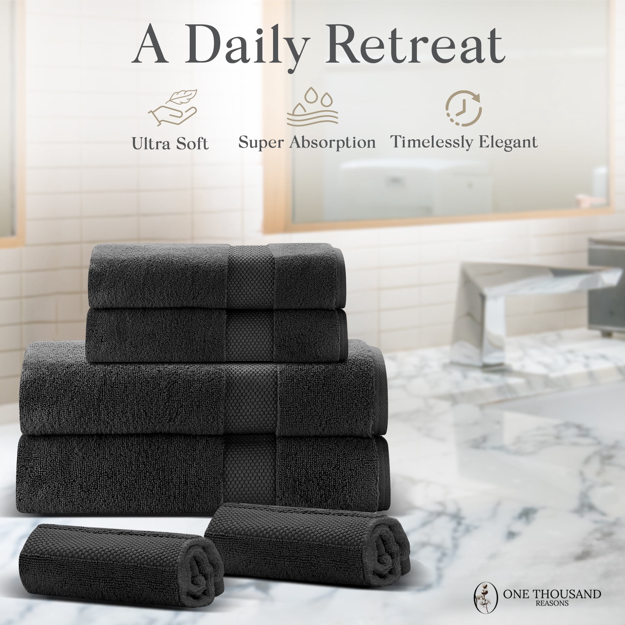 One Thousand Reasons Superior Zero Twist 1 Stripe Towel Set | Bath, Gym, Hand Towels | Luxury & Soft Cotton - Black (6 Pieces)