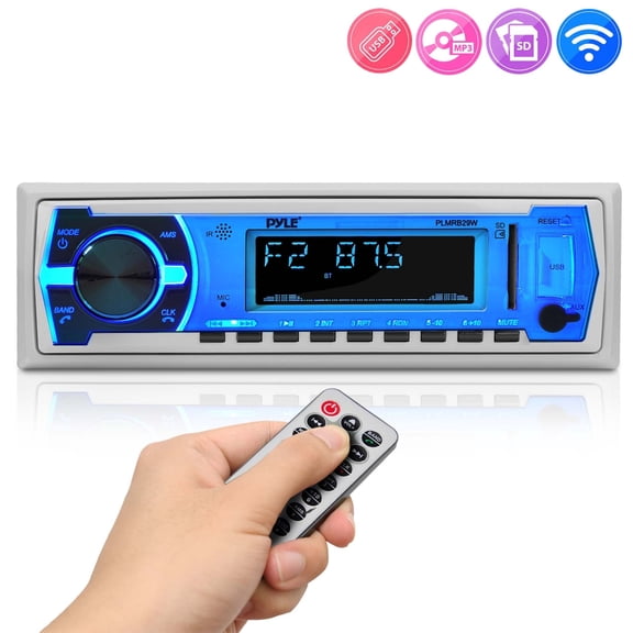 PYLE PLMRB29W - Marine Bluetooth Stereo Radio - 12v Single DIN Style Boat In dash Radio Receiver System with Built-in Mic, Digital LCD, RCA, MP3, USB, SD, AM FM Radio - Remote Control -(White)