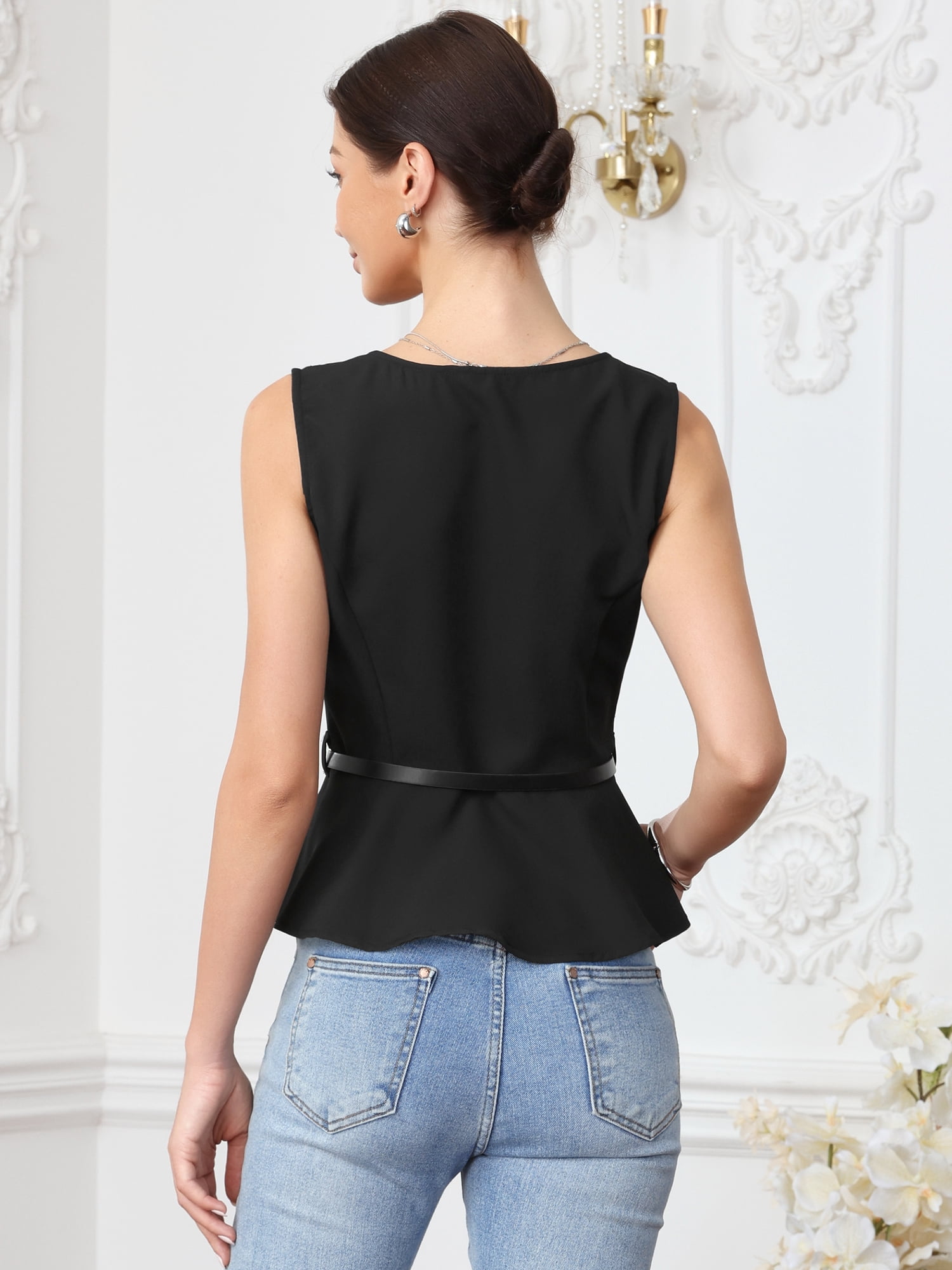 DARING DIVA Women's Business Casual Tops Summer Sleeveless Button Down Blouses L Black