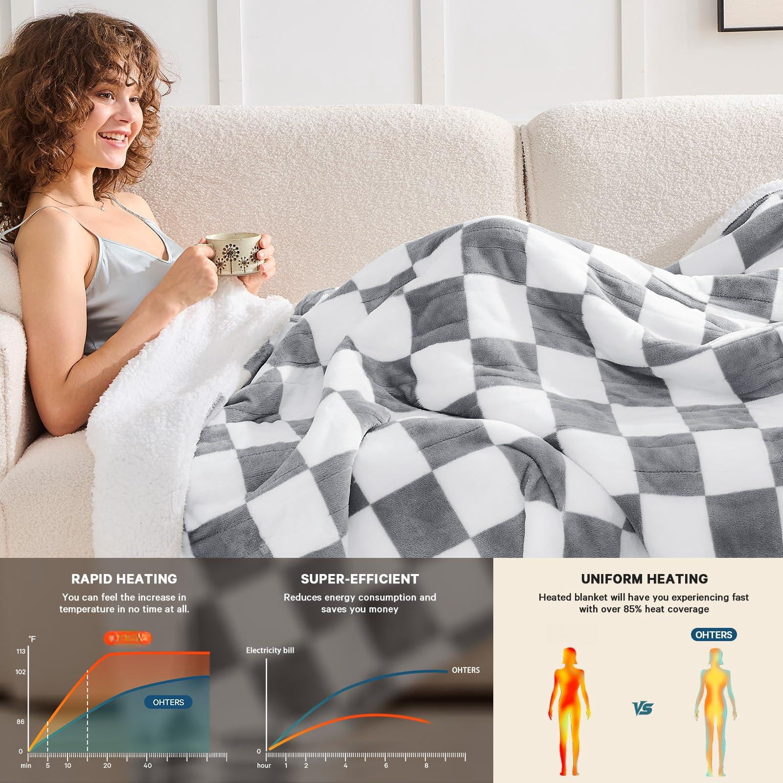 Heated Electric Blanket Throw  50x60 Heating With 10 Heat Level & 8 Hour Auto Off For Lap Light Gray Checkered Plaid Sherpa Blankets Warmer Gift Couch Grandma Women Adults Washable