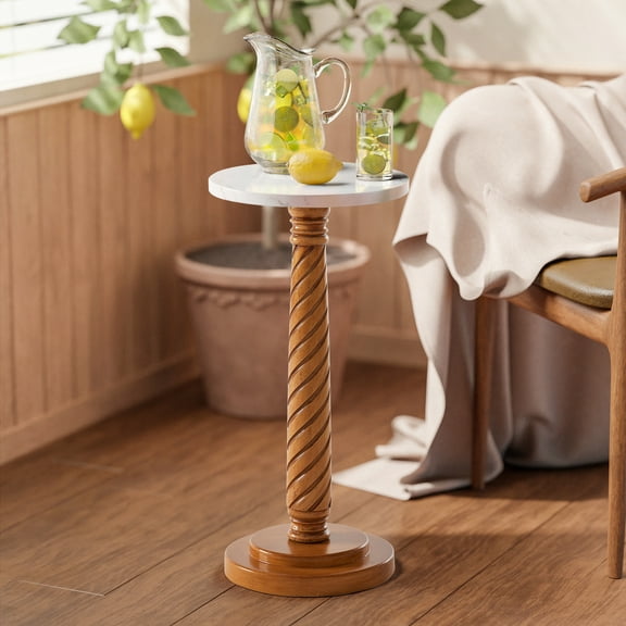COZAYH Pedestal Small Drinking Table, Farmhouse Tray Top End Table, Distressed Finish, White Tabletop, Wooden Legs