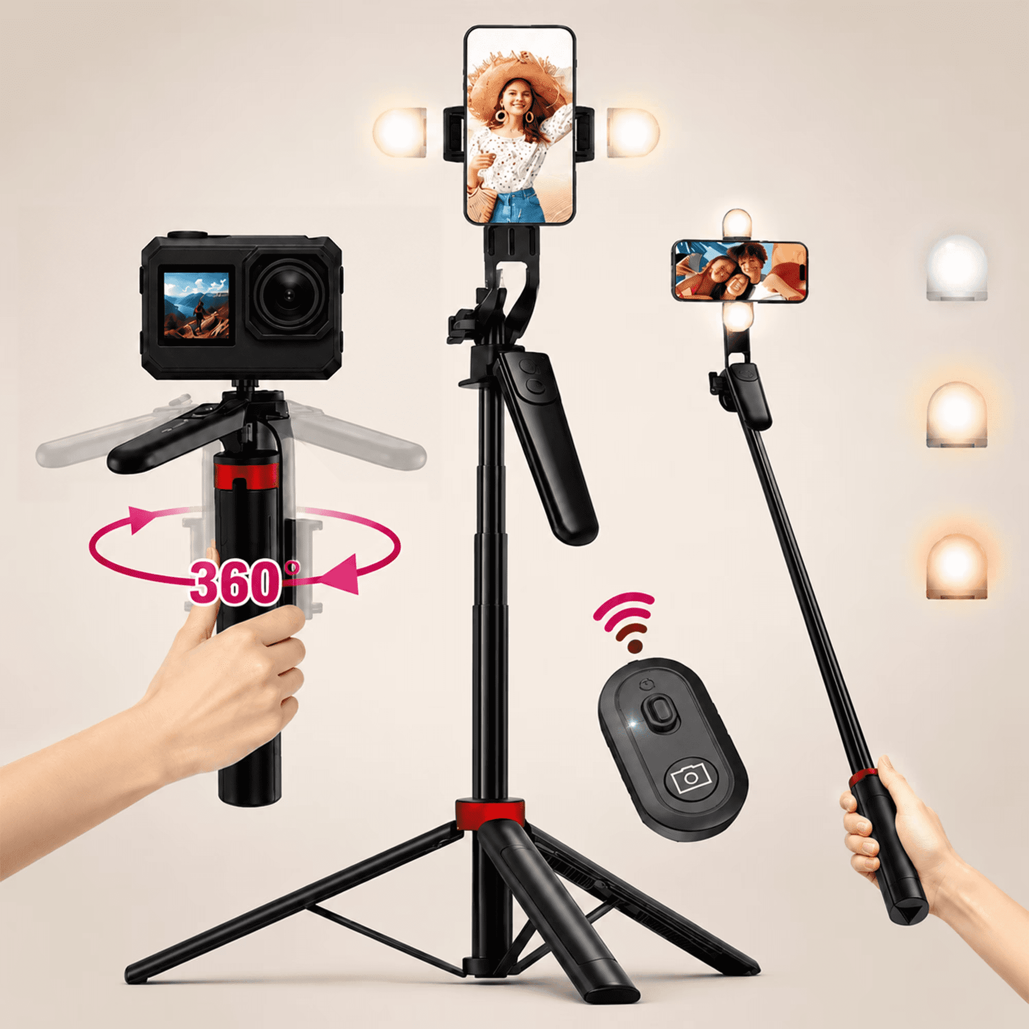 TIKBBRMG Phone Tripod and Selfie Stick 70.8in Extendable Phone Stand with Light with Wireless Remote Rotatable Grip for Travel/Selfie/Recording/Vlogging, Compatible with iPhone/Android (Black)