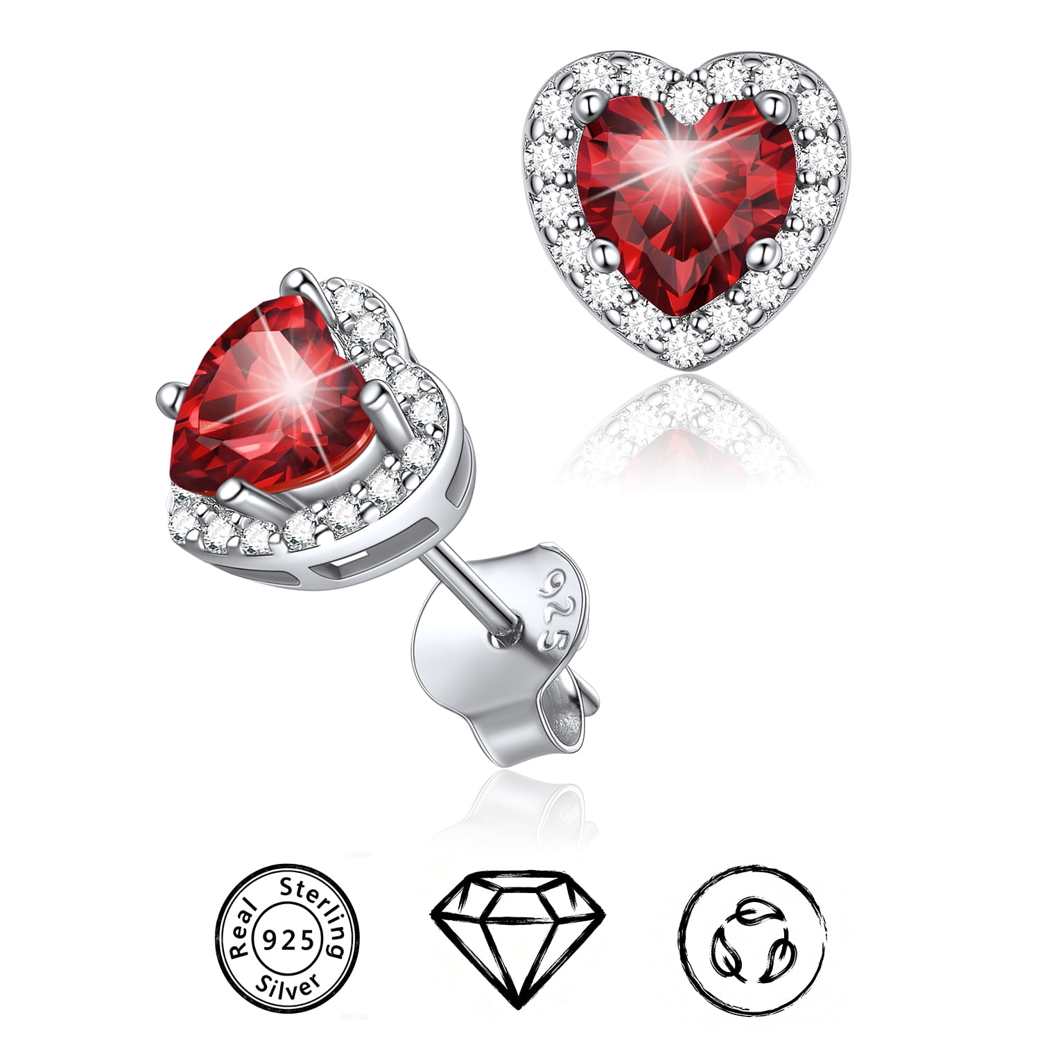 ChicSilver Solid 925 Sterling Silver Heart Birthstone Earring for Women Dainty Jewelry Red Simulated Garnet Hypoallergenic Earrings Studs for January Birthday Anniversary Christmas Valentine's Day