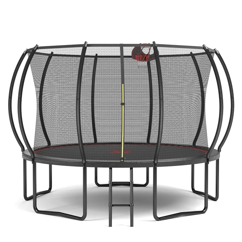 12FT Round Trampoline with Safety Enclosure, Basketball Hoop & Ladder, Galvanized Steel Frame, Outdoor Backyard Trampoline for Kids, Black