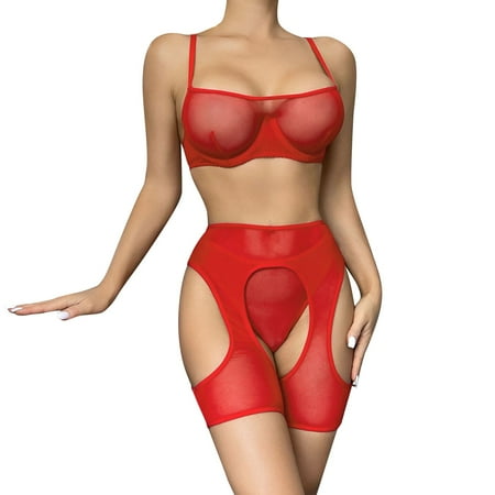 

Pedort Lingerie For Women Women Fashion Pure Color Bandage Mesh Splicing Underwear With Leg Rings Underwear (Red L)