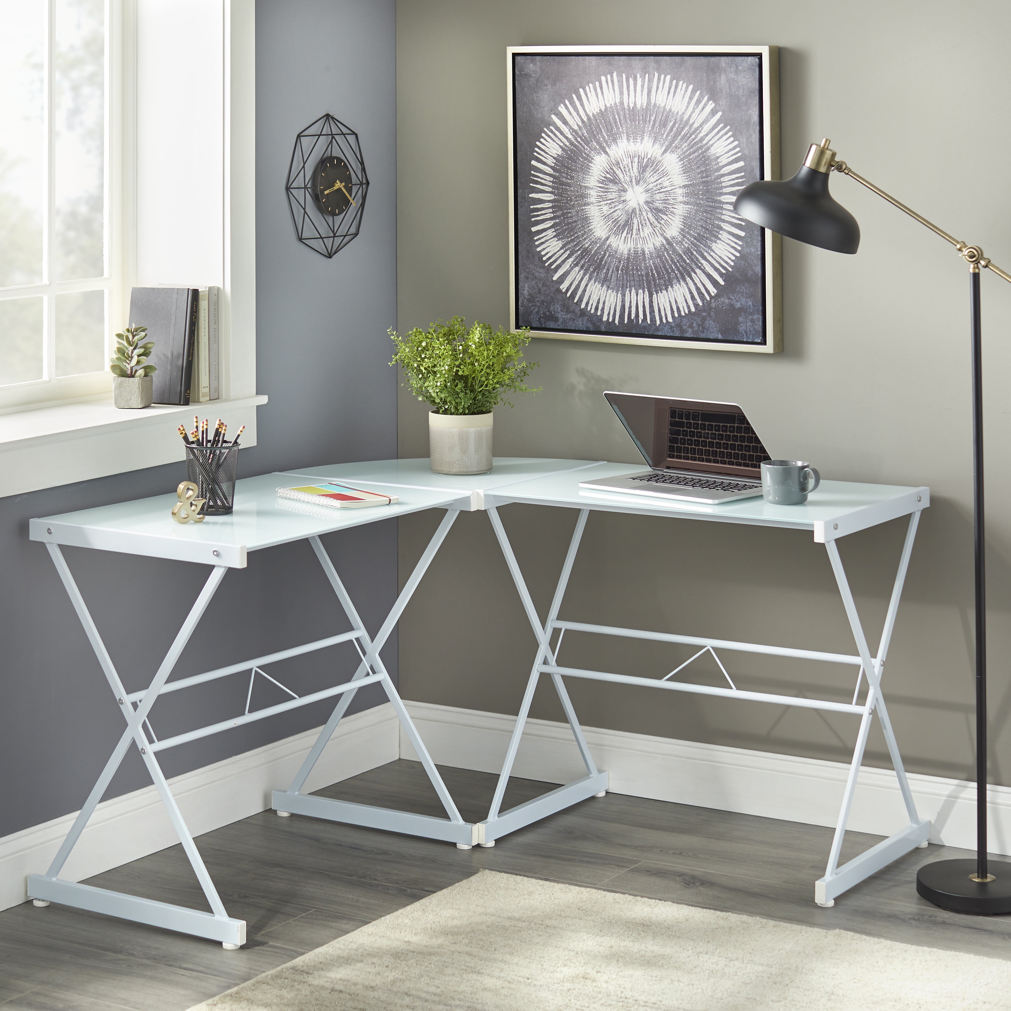 TMS Atrium L Shape Adult Computer Desk with Metal Frame Clear Glass Top 29 Tall Black Walmart