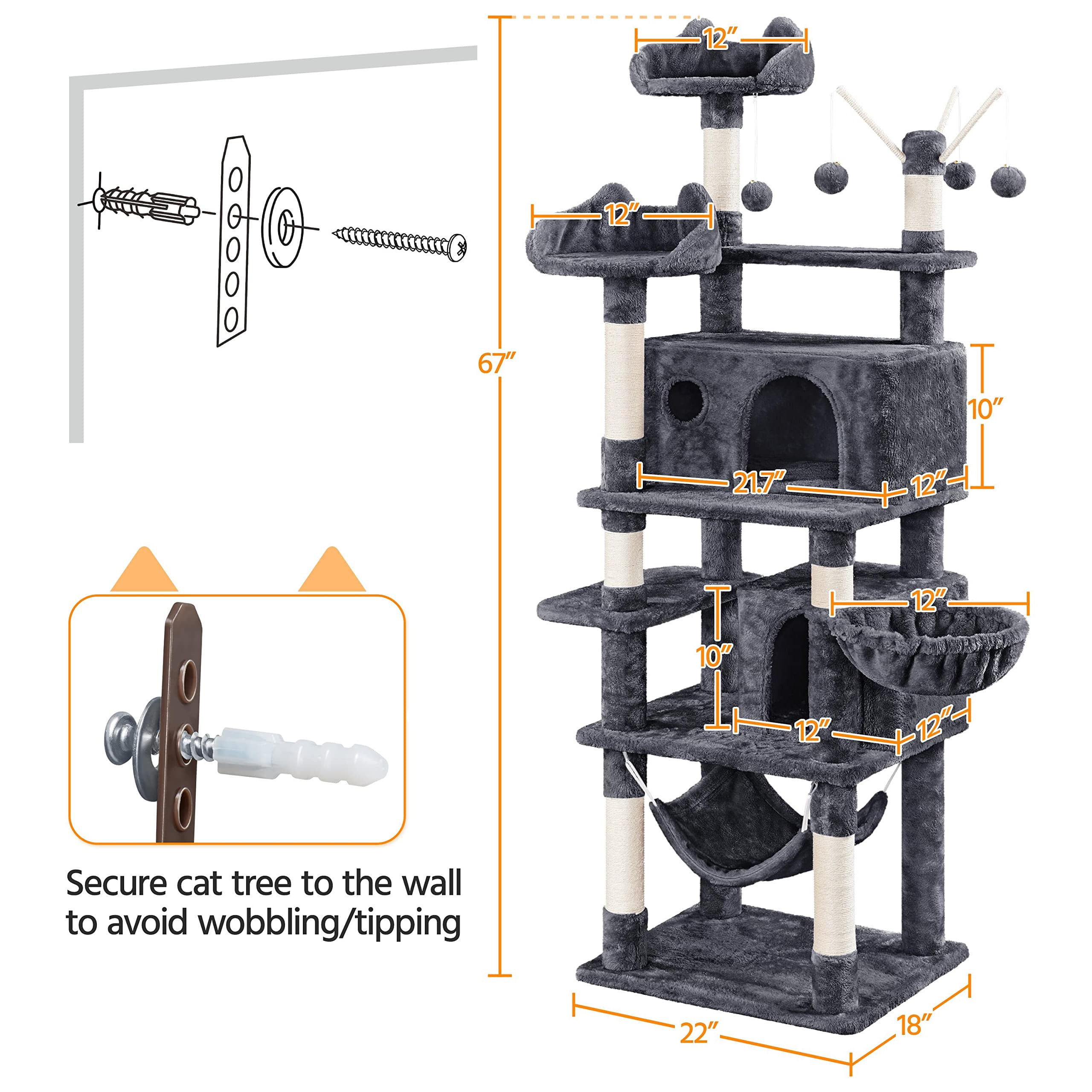 Large Cat Tower with Removable Toys, 2 Cozy Condos, Hammock, Basket, Scratching Posts, 67in Tall for Kittens, Multi-Level Design, Dark Gray Gray