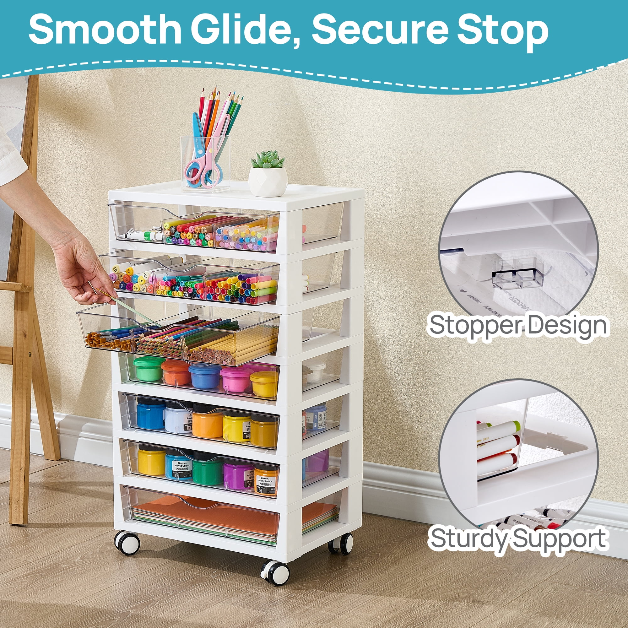 Sindcom Storage Rolling Drawer Cart, Clear Plastic Organizer with 7 Drawers and 7 Removable Dividers for Art &Office Supplies, Beauty Products, Toy, Under Desk Storage for Craft Room, Classroom