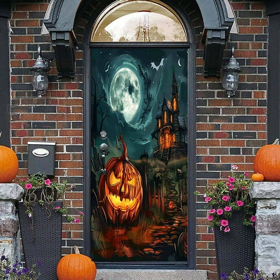 Halloween horror castle 3D door stickers renovation cabinet bathroom stickers, horror pumpkin refrigerator stickers, removable PVC wall stickers,SP-F24175,S(38.5x200cmx2Pcs)