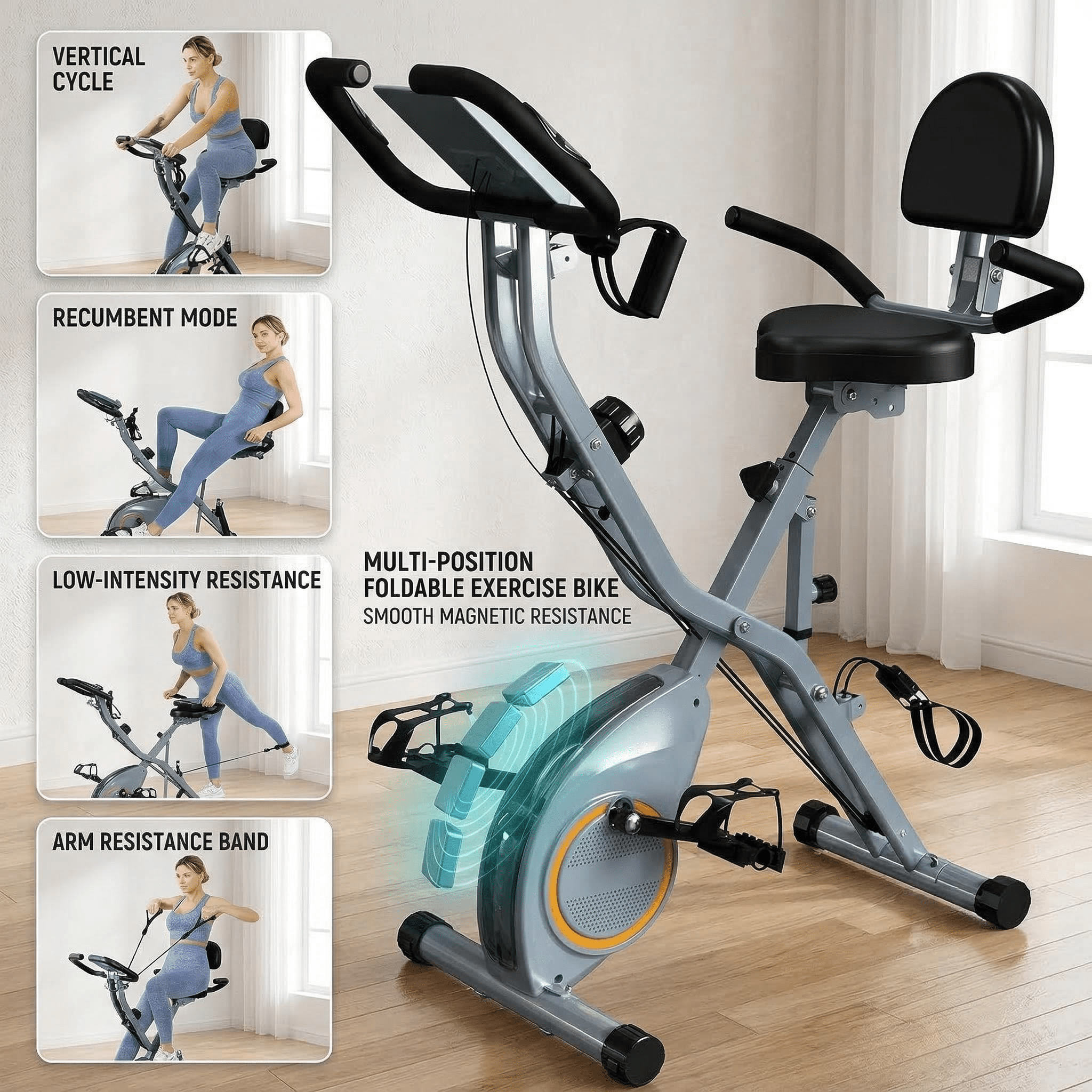 USLIM Foldable Stationary Bike for Apartment Cardio with 16-Level Resistance, 300 lb Capacity, 6.6 lb Flywheel