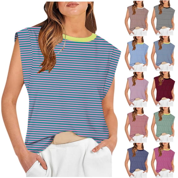 YHAJDS Womens Summer Tank Tops Sleeveless Casual Shirts Printed Round Neck Sleeve Loose Top