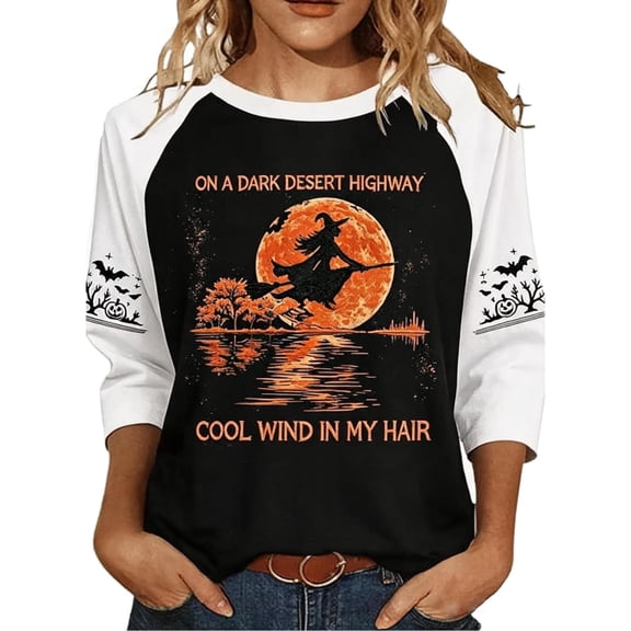 Women's On A Dark Desert Highway Cool Wind in My Hair Flying Witch Shirt Vintage Halloween Raglan Long Length Sleeve Tops Casual Holiday Moon Print Tshirt Crew Neck Halloween Witch Tee (White,XL)