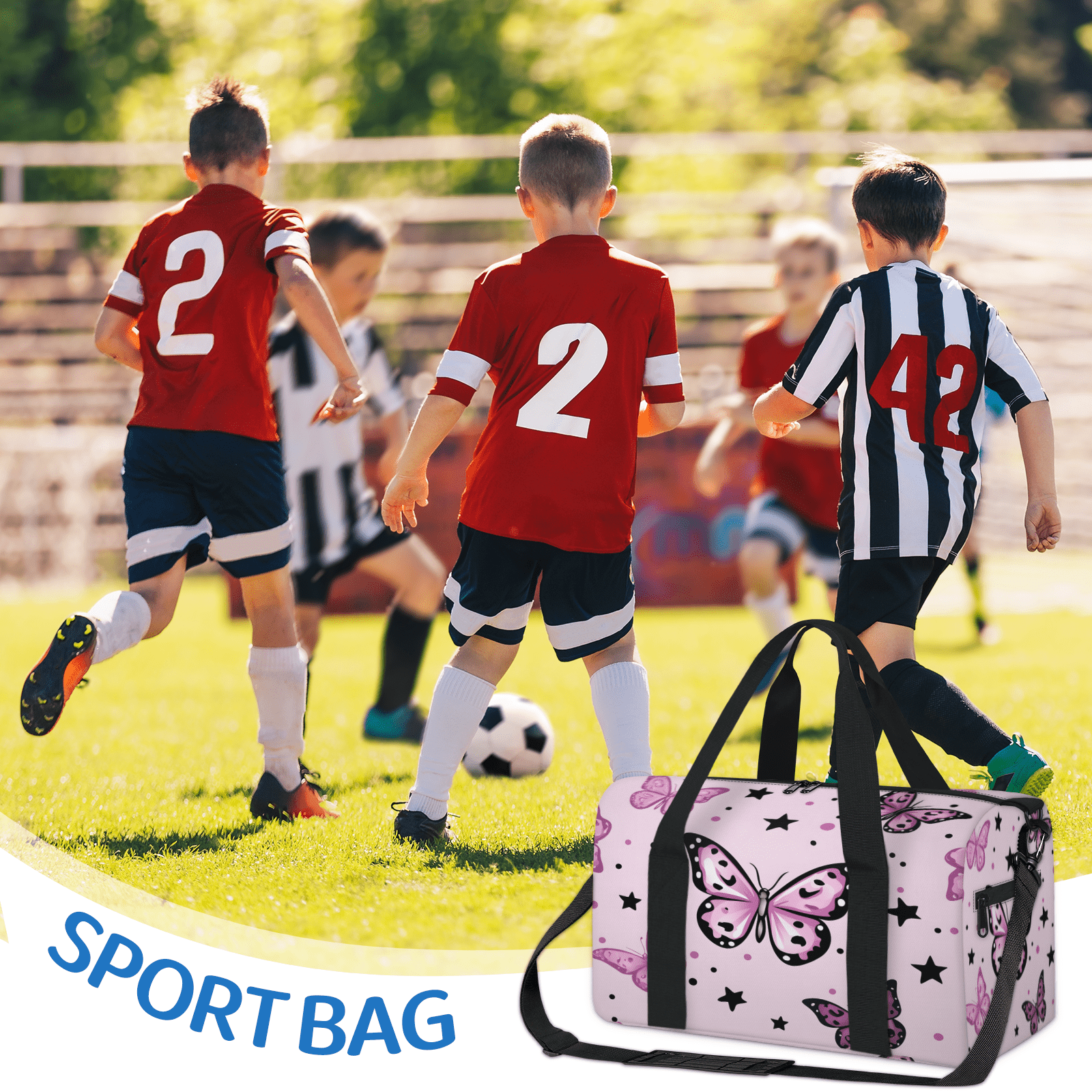 Herdesigns Butterfly Travel Duffle Bag Sports Yoga Weekender Overnight Carry on Workout Bags Lightweight Waterproof Gym Tote Bag for Women Pink