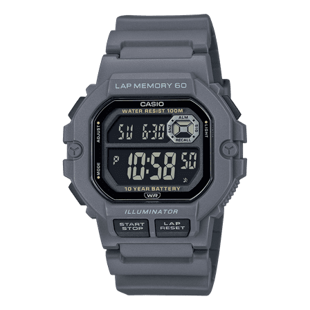 Casio Mens Digital Wristwatch 10-Yr Battery 100M Wr Led Backlight Stopwatch Gray