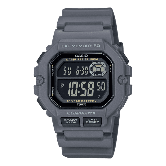 Casio Mens Digital Wristwatch 10-Yr Battery 100M Wr Led Backlight Stopwatch Gray